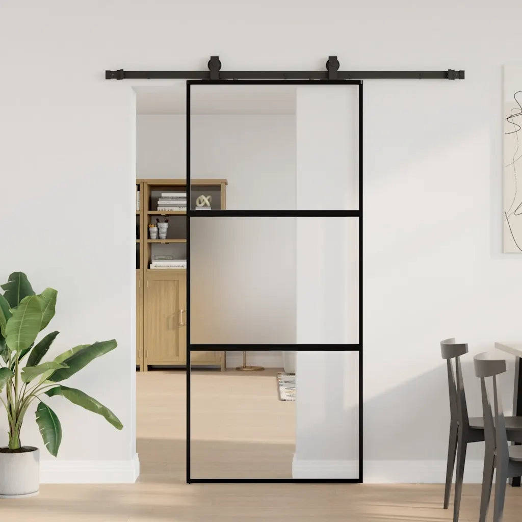 Porta Scorrevole Set Ferramenta Nera 90x205 cm Vetro Temperato 3375818