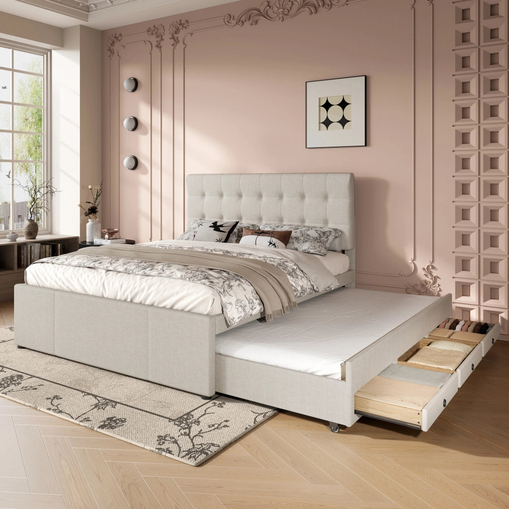 Letto imbottito estraibile 140x200 cm con 3 cassetti, testiera regolabile, beige, senza materasso