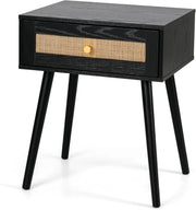 Comodino in legno con cassetto in rattan, 48 x 40 x 58 cm, comodino con gambe alte in legno massello, tavolino ausiliario per camera da letto, soggiorno, nero (Nero)