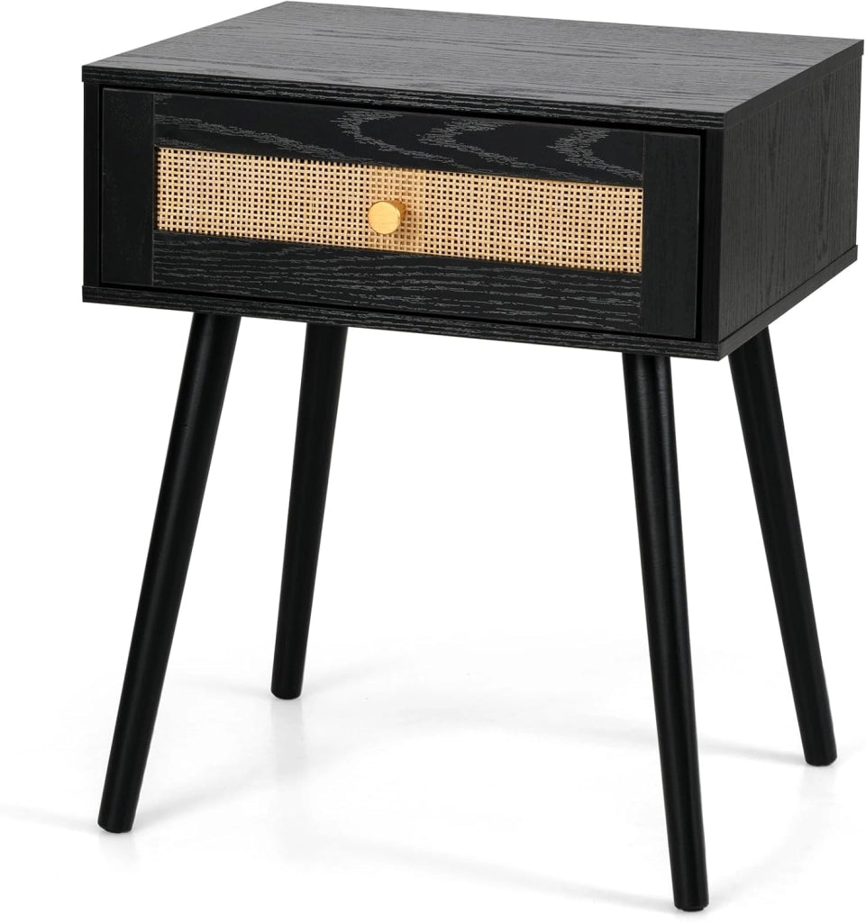 Comodino in legno con cassetto in rattan, 48 x 40 x 58 cm, comodino con gambe alte in legno massello, tavolino ausiliario per camera da letto, soggiorno, nero (Nero)