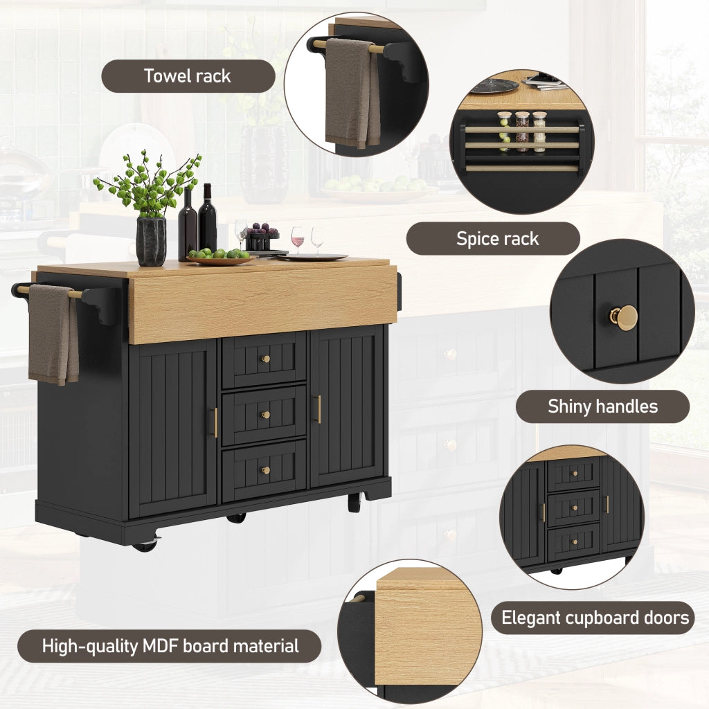 Carrello da Cucina con 2 Ante e 3 Cassetti; Piano Pieghevole; in MDF e Metallo; 120x40x95 cm; Nero
