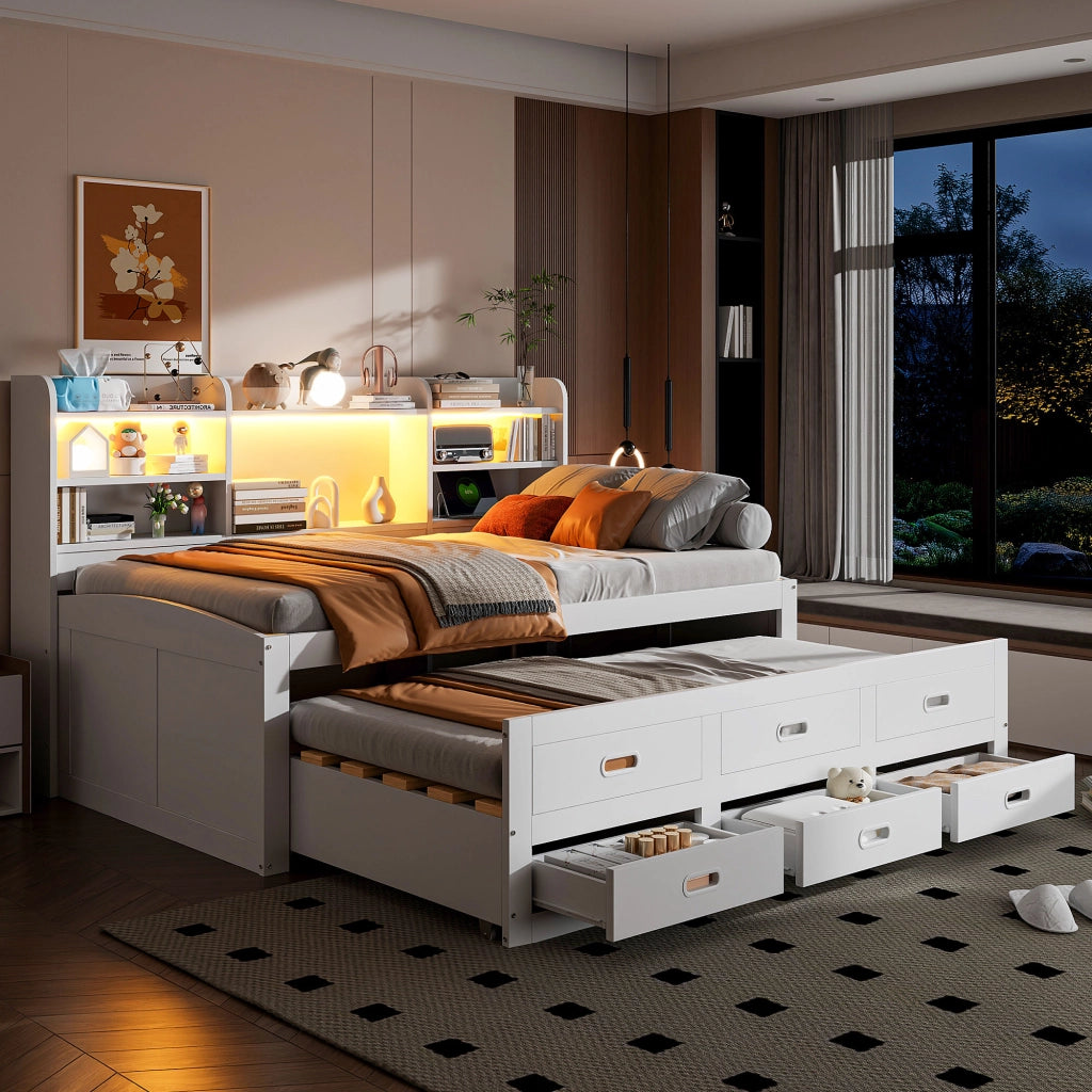 Letto con letto estraibile 90 × 200 cm con LED USB Type-C 3 cassetti e vano comodino bianco
