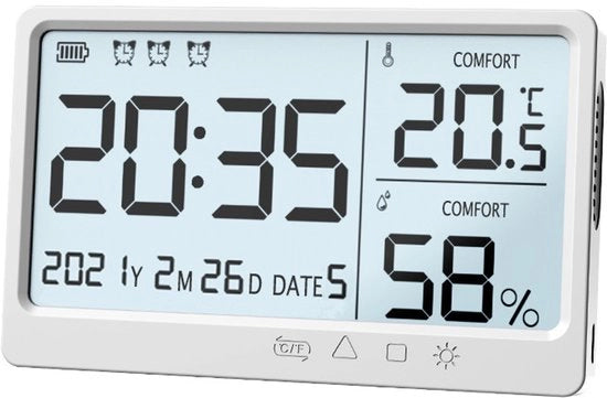 Termometro e igrometro digitale per interni - caricabile via USB, display digitale molto preciso - calendario e allarme - psicrometro per installazione a parete - bianco