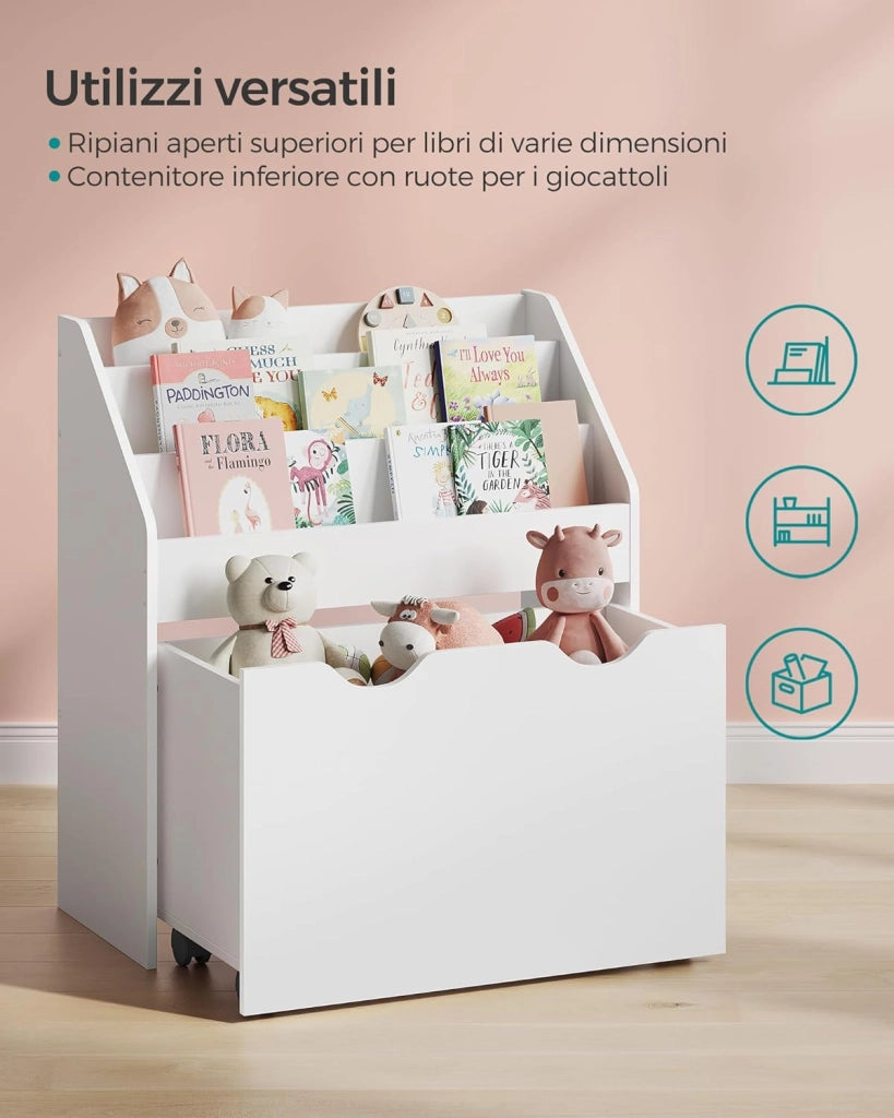 Scaffale per Giocattoli, Libreria per Bambini a 3 Scomparti, Contenitore Portagiochi Estraibile con Ruote, Multiuso, per Cameretta e Stanza dei Giochi, Bianco Nuvola GKR041W10