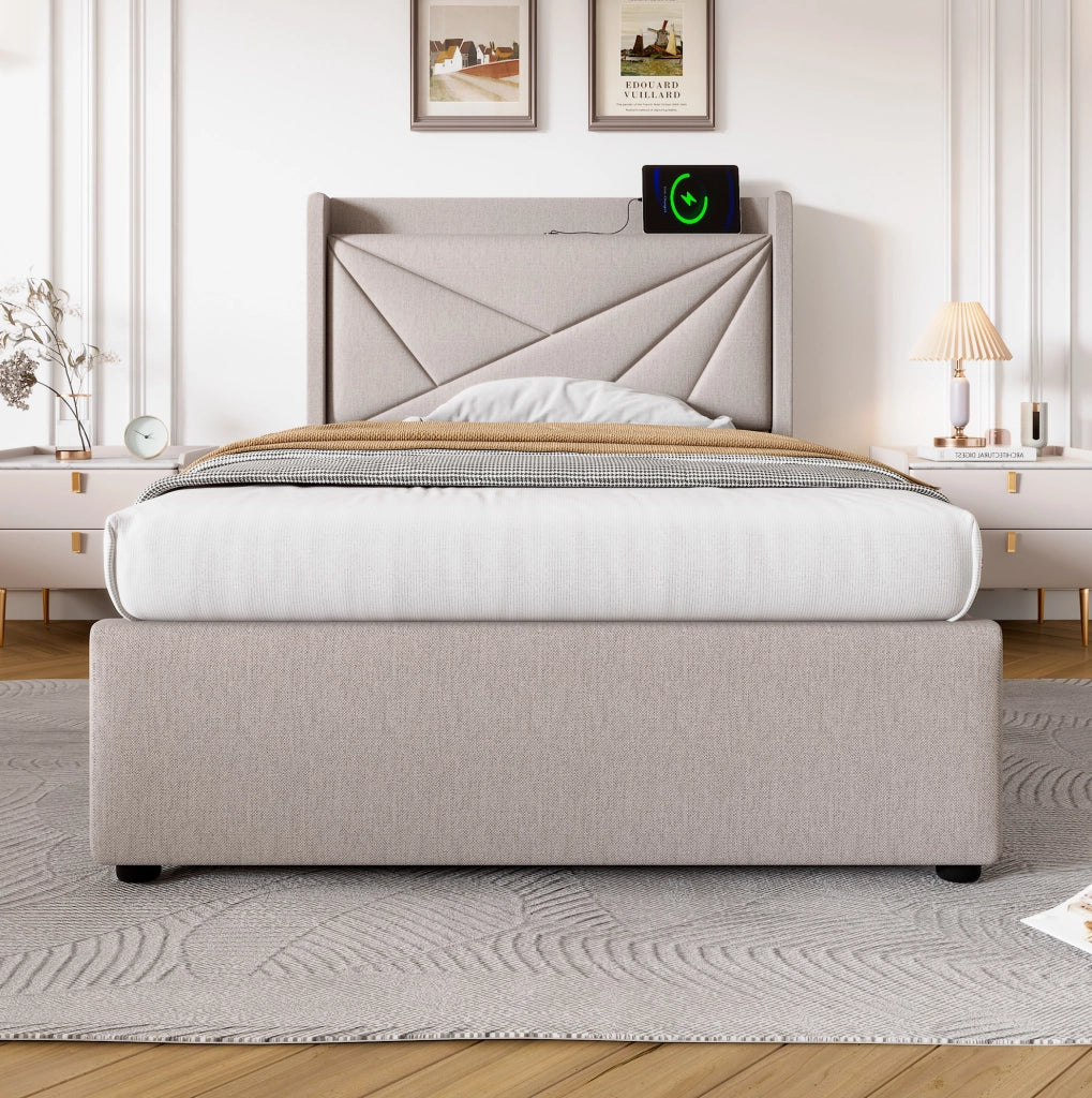 Letto contenitore 90x200 cm con USB e USB C; testiera imbottita; beige