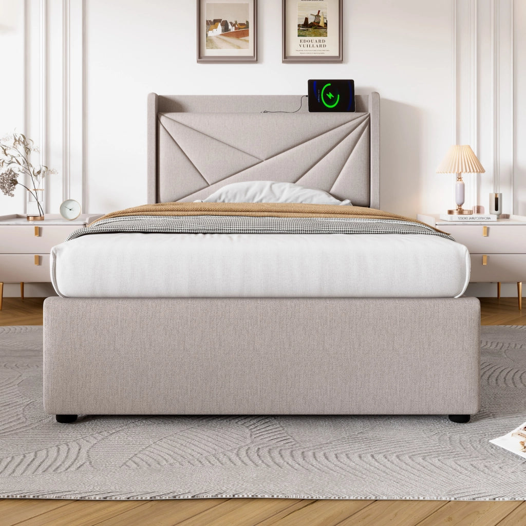 Letto contenitore 90x200 cm con USB e USB C; testiera imbottita; beige
