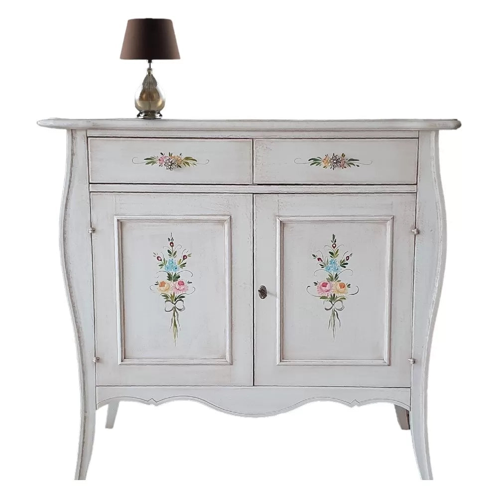 Madia credenza in legno 2 porte shabby bianco anticato decorato 105x50x100 (3090) - Mobili 2G