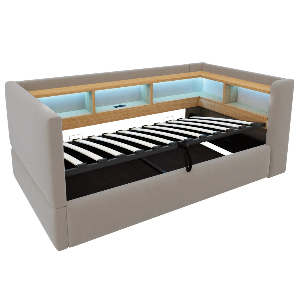 Divano letto 90x190 cm con contenitore idraulico; LED e prese in flanella grigio scuro