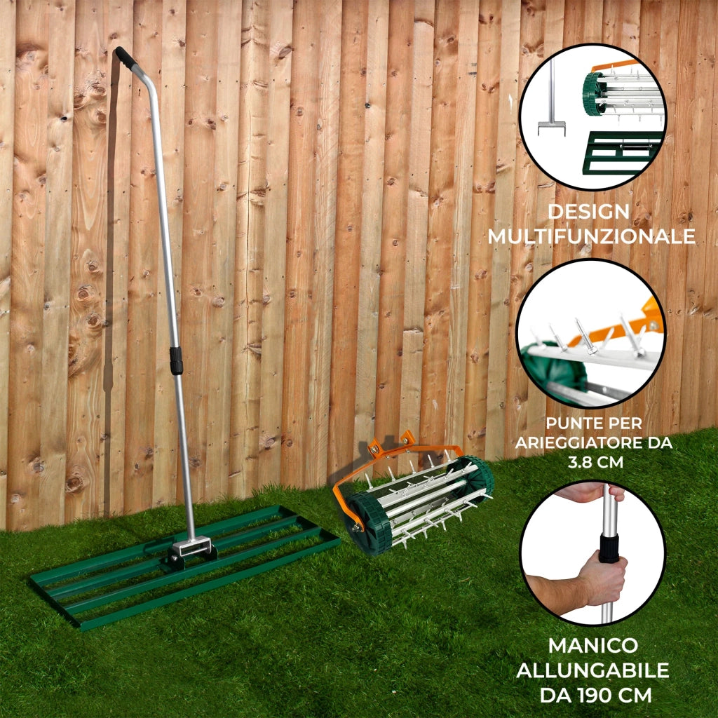 Set 2-in-1 Arieggiatore e Livellatore Prato - Verde, Acciaio Zincato, Manico 2m