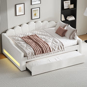 Letto imbottito 140x200 cm con LED laterali e letto estraibile beige