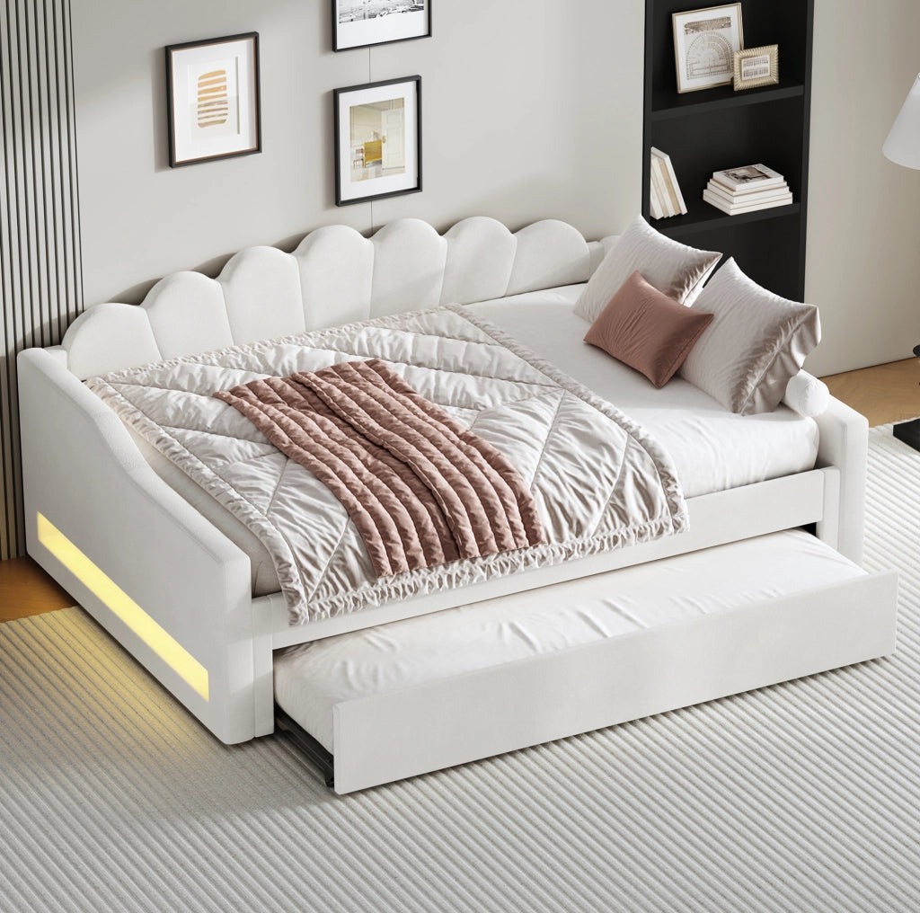 Letto imbottito 140x200 cm con LED laterali e letto estraibile beige