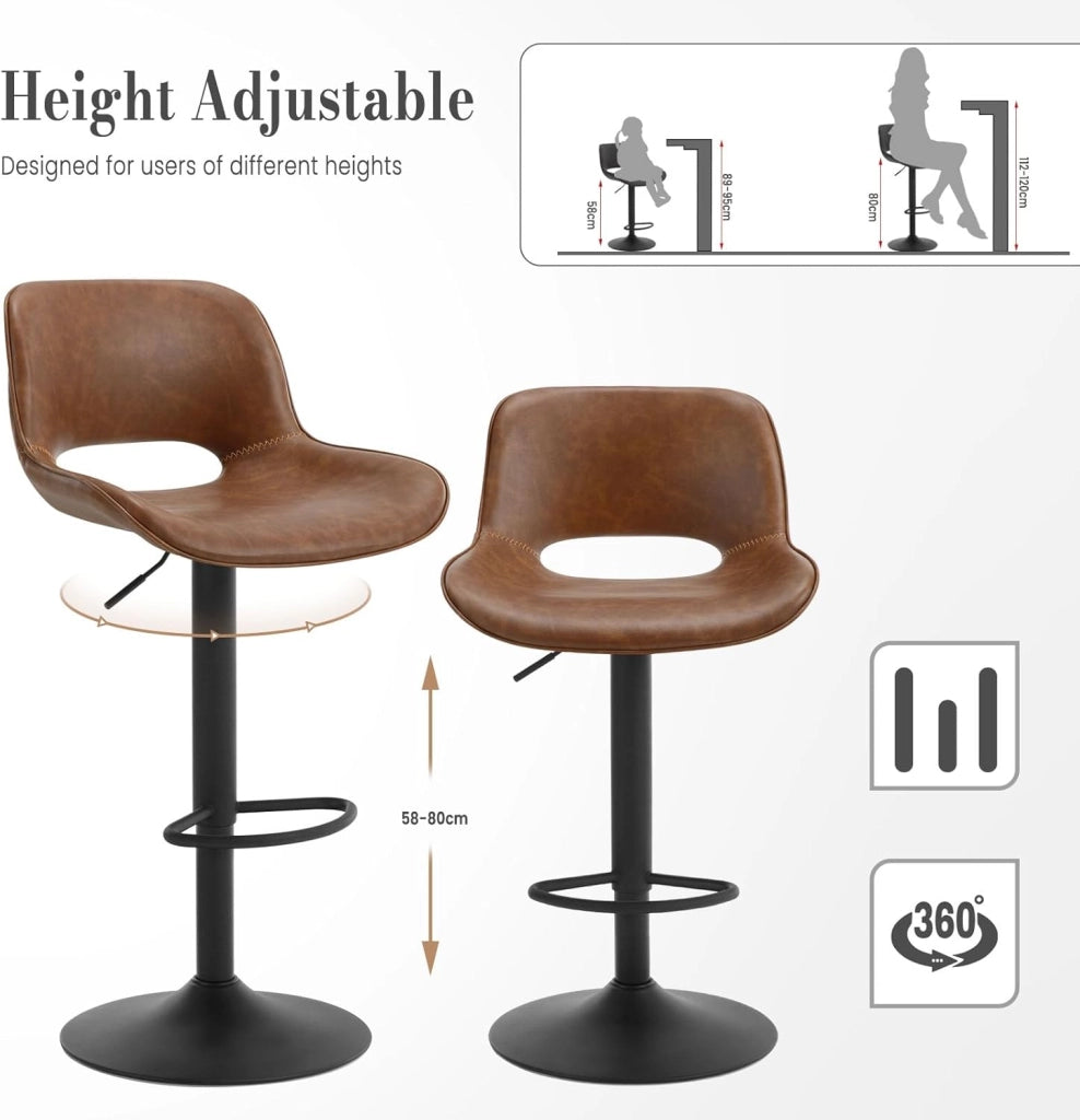 Set di 2 Sgabelli da Cucina, Sedie da Bar in PU, Sgabelli Altezza Regolabile, con Schienale, Seduta Imbottita Girevole a 360°, per Bistrot, Pub, Base in Metallo, Marrone