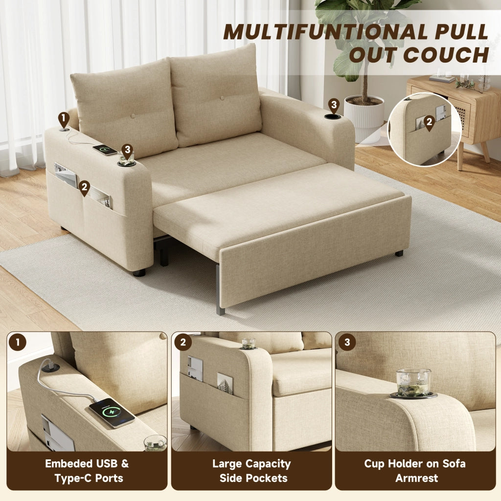 Divano letto 3 in 1 con portabicchieri, tasche laterali, cuscini e porte USB e tipo C in cotone lino beige