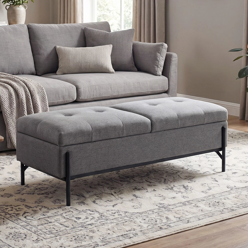 Pouf contenitore in tessuto con 2 scomparti e imbottitura extra spessa ¨C Xylo ¨C beige lino 117x50x44 cm