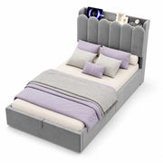 Letto Singolo 90x200 cm; Contenitore; USB e Type-C; Luce Notturna; in Velluto Grigio