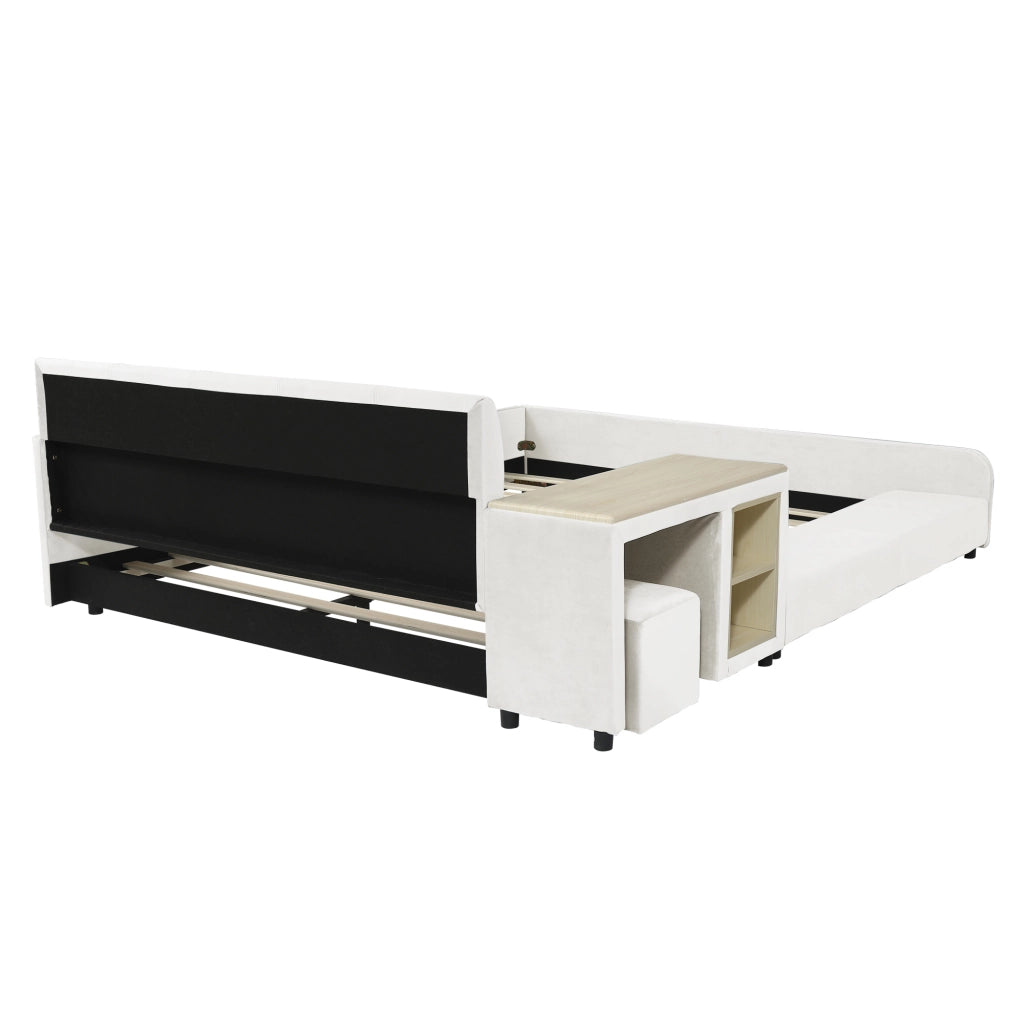 OKWISH Letto Combinato 140×200 cm, Letto Singolo con Scrivania, Sgabello e Mensola, senza Materasso, in Velluto, Bianco