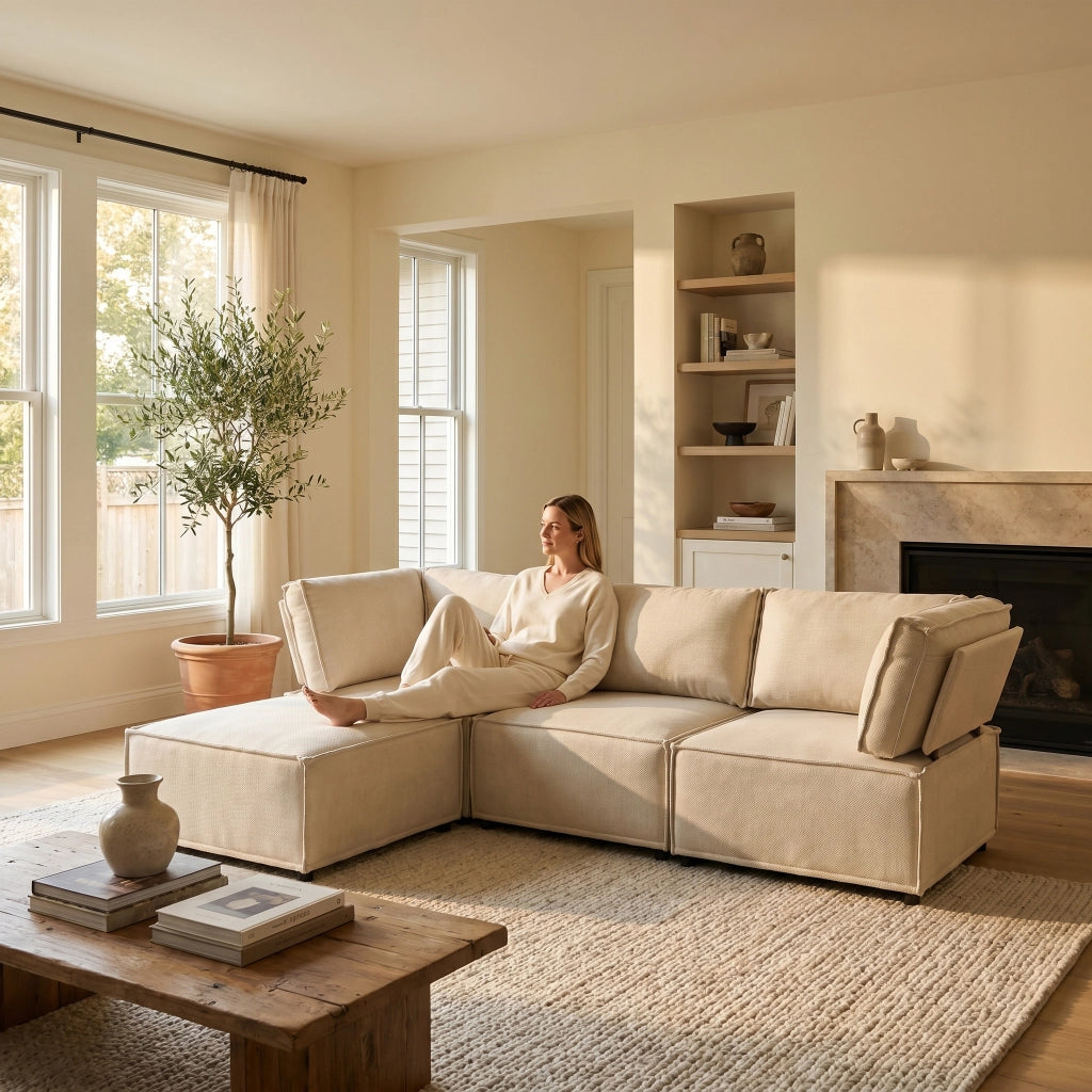 Divano modulare in legno con funzione letto e struttura flessibile in tessuto beige per soggiorno 238 × 154 × 75 cm