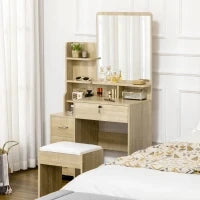 Toeletta da Trucco con Specchio, Tavolo da Trucco, Sgabello, 4 Cassetti e 4 Ripiani, Colore Legno