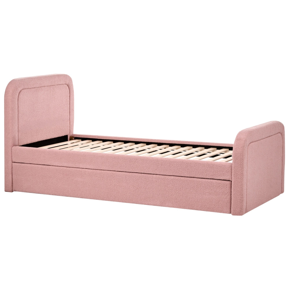 Letto singolo con secondo letto a scomparsa in tessuto Boucle 90 x 200 cm con rete a doghe rivestimento trapuntato rosa camera da letto cameretta