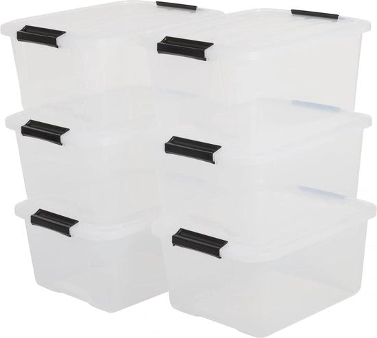 Set di 6 scatole di archiviazione, 15L, Stivabile, Garage, camera da letto, soggiorno, TB-15, B39 x D28,5 x H18 cm - Translucido