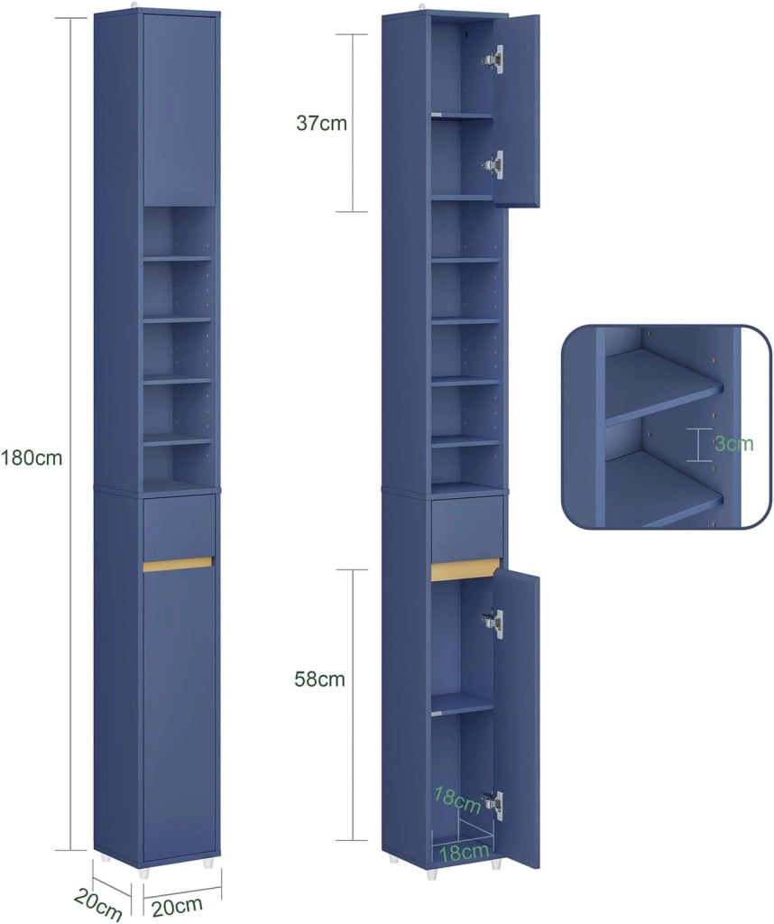 Mobile Bagno Alto e Stretto, Mobili Salvaspazio Mobiletto a Colonna da Terra con Ripiani Regolabili e Cassetto Armadietto per Bagno e Lavanderia 20×20×180 cm BZR34-II-B