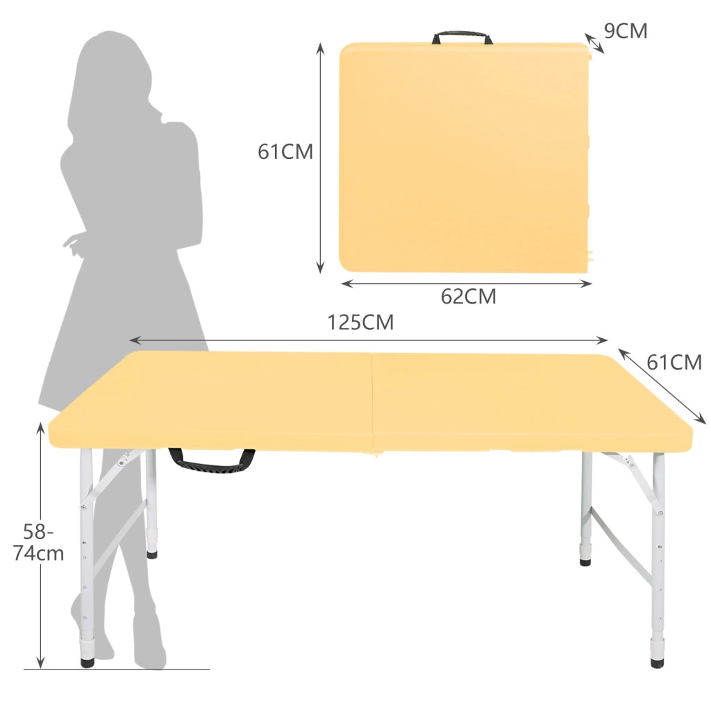 Tavolo pieghevole regolabile 125 cm giallo con maniglia