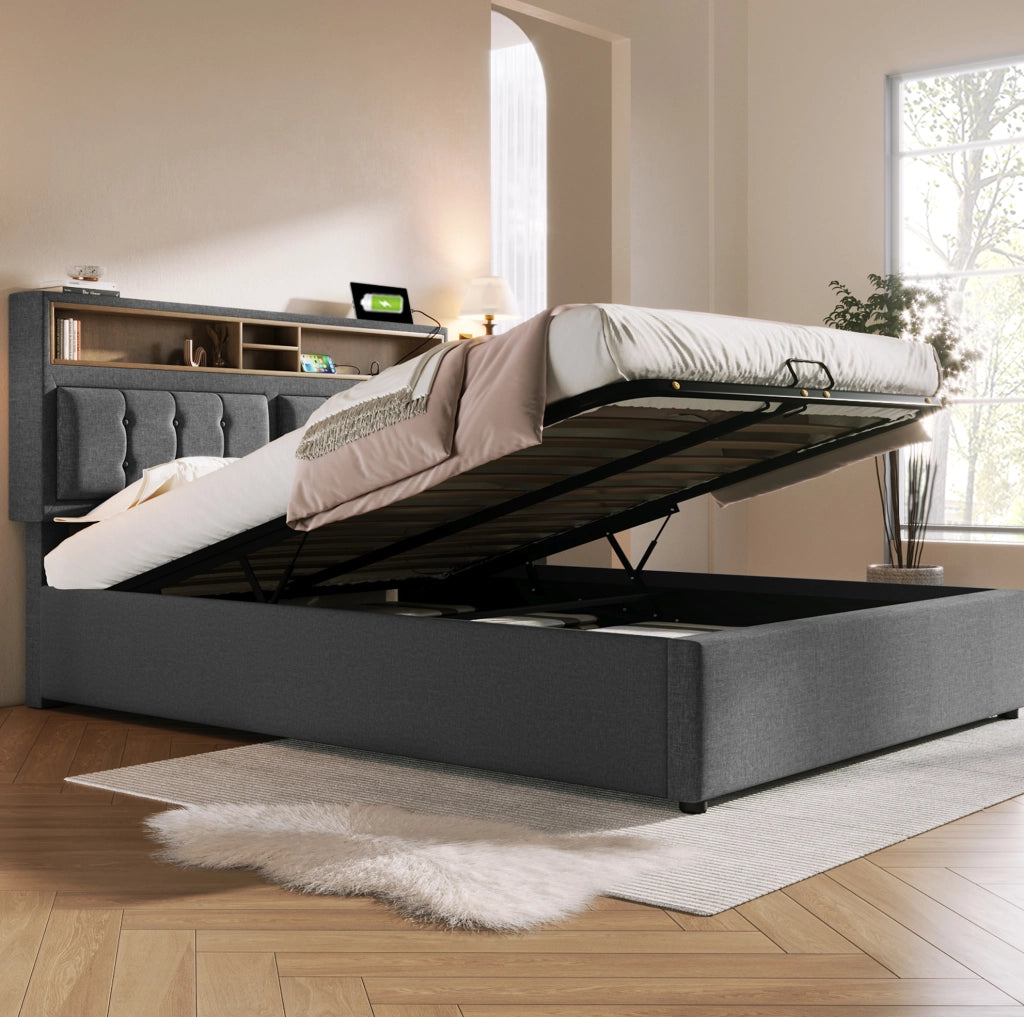 Letto matrimoniale imbottito 140x200 cm in tessuto lino grigio con testiera regolabile e prese USB
