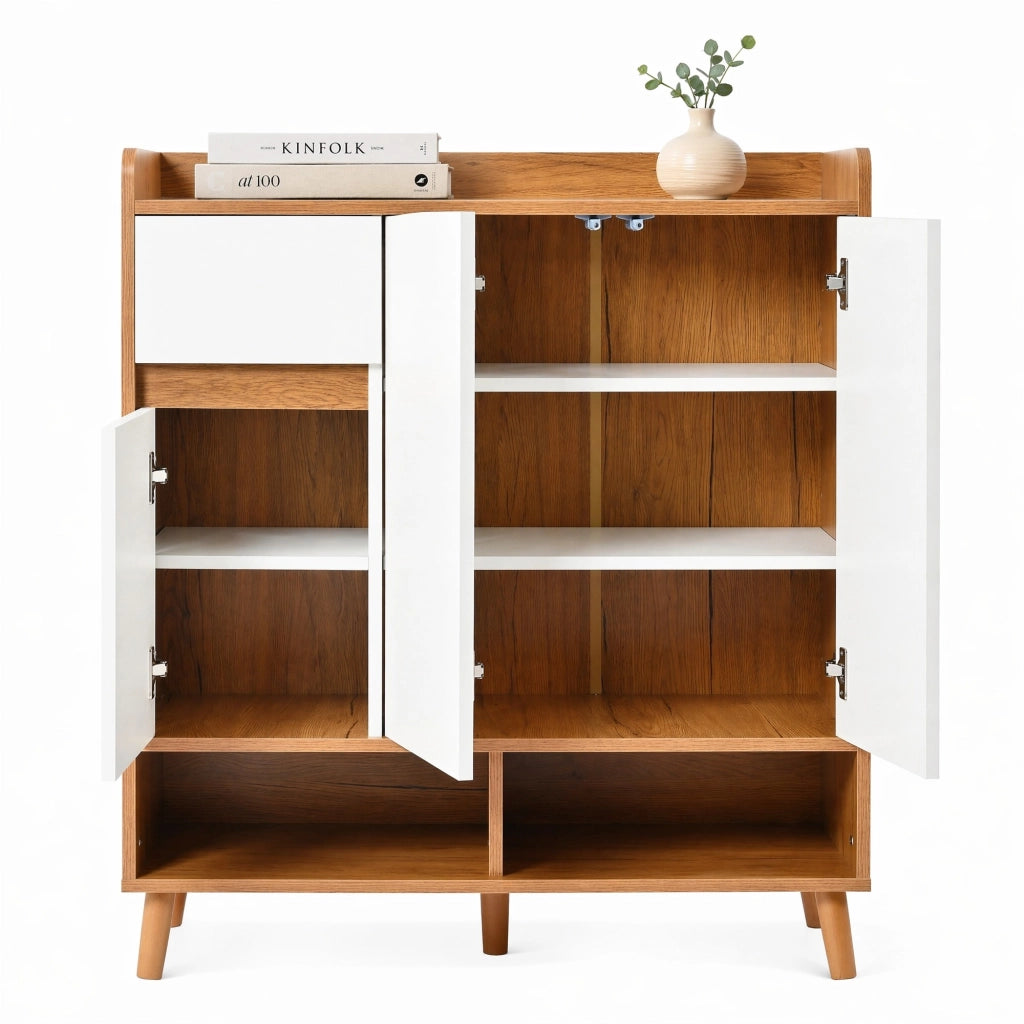 Credenza moderna con ripiani regolabili, ante senza maniglia e gambe in legno massiccio, Bianco/Naturale, L90 x P35 x H99 cm