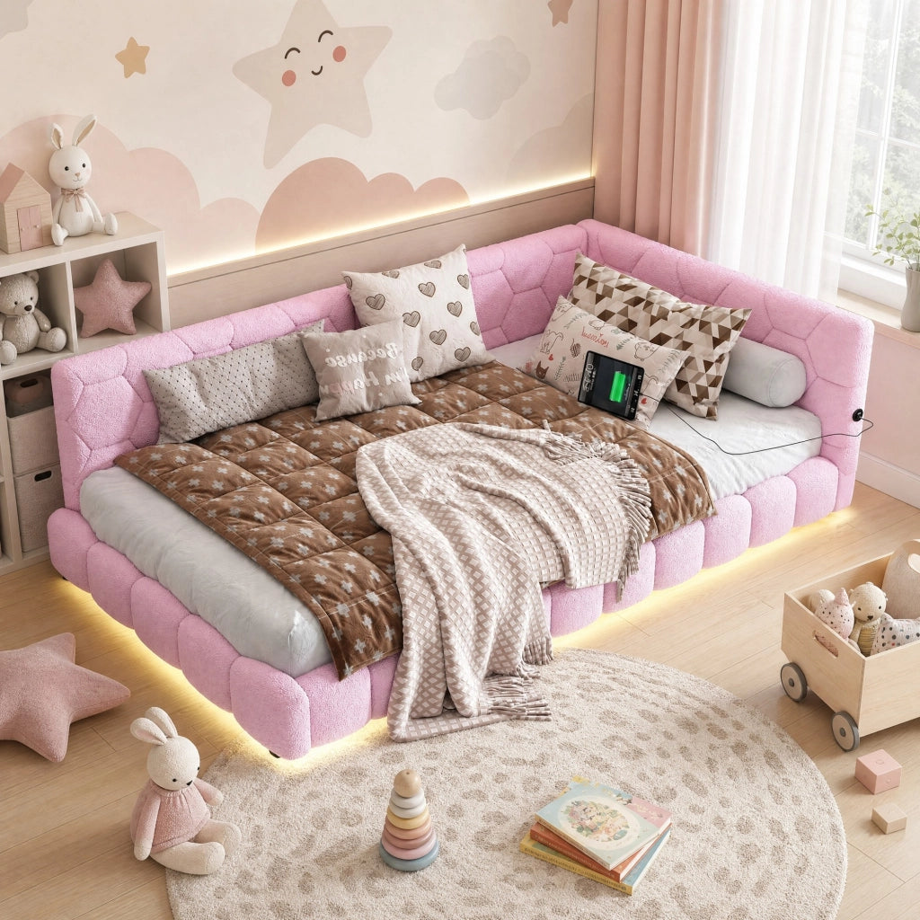 DESMIU Letto daybed 90 × 200 cm 1 posto LED regolabile, USB, Type-C, senza materasso, velluto, rosa