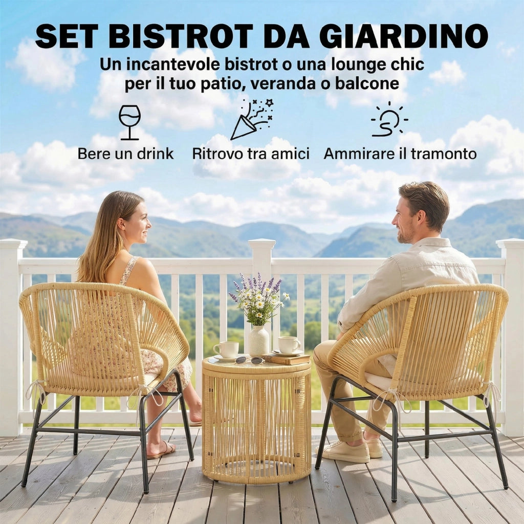 Set 3 Pezzi da Pranzo Bistrò con 2 Sedie Tavolo Rotondo con Piano in Vetro Temperato in Rattan e Acciaio Beige