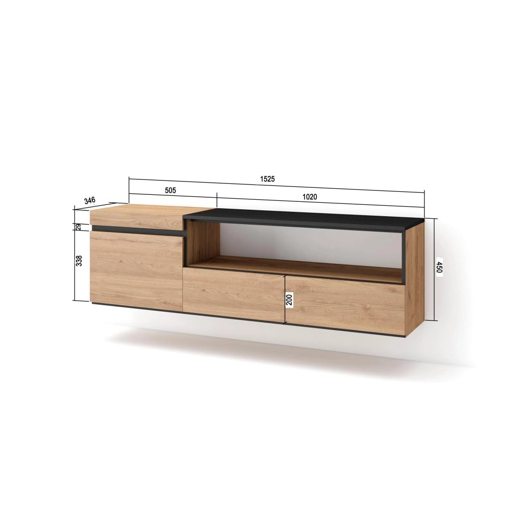 Mobile TV Soggiorno, 150x35x45cm, Per TV fino a 65", da appendere, colore Rovere e nero RF2435
