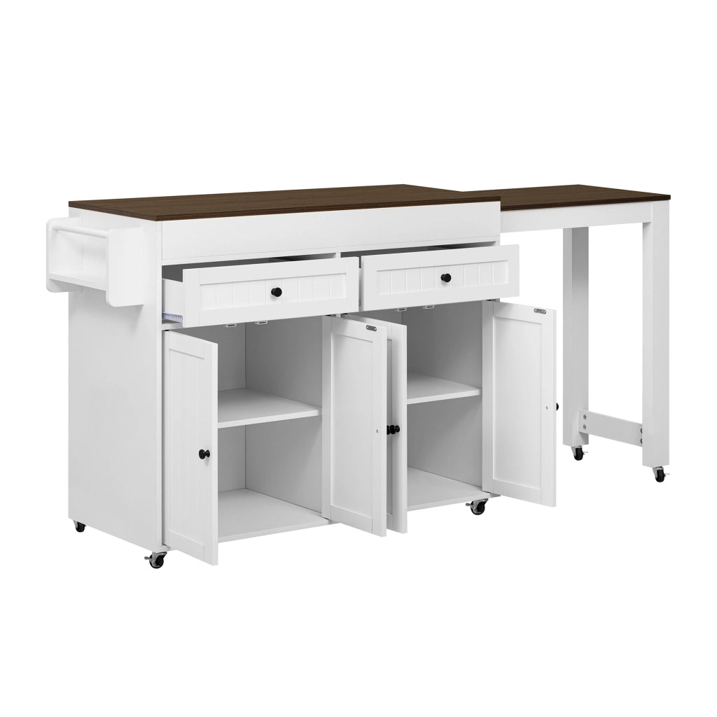 OKWISH Carrello da cucina con piano estensibile, cassetti e ruote con freno, in MDF, bianco noce, 112 x 45 x 92.2 cm
