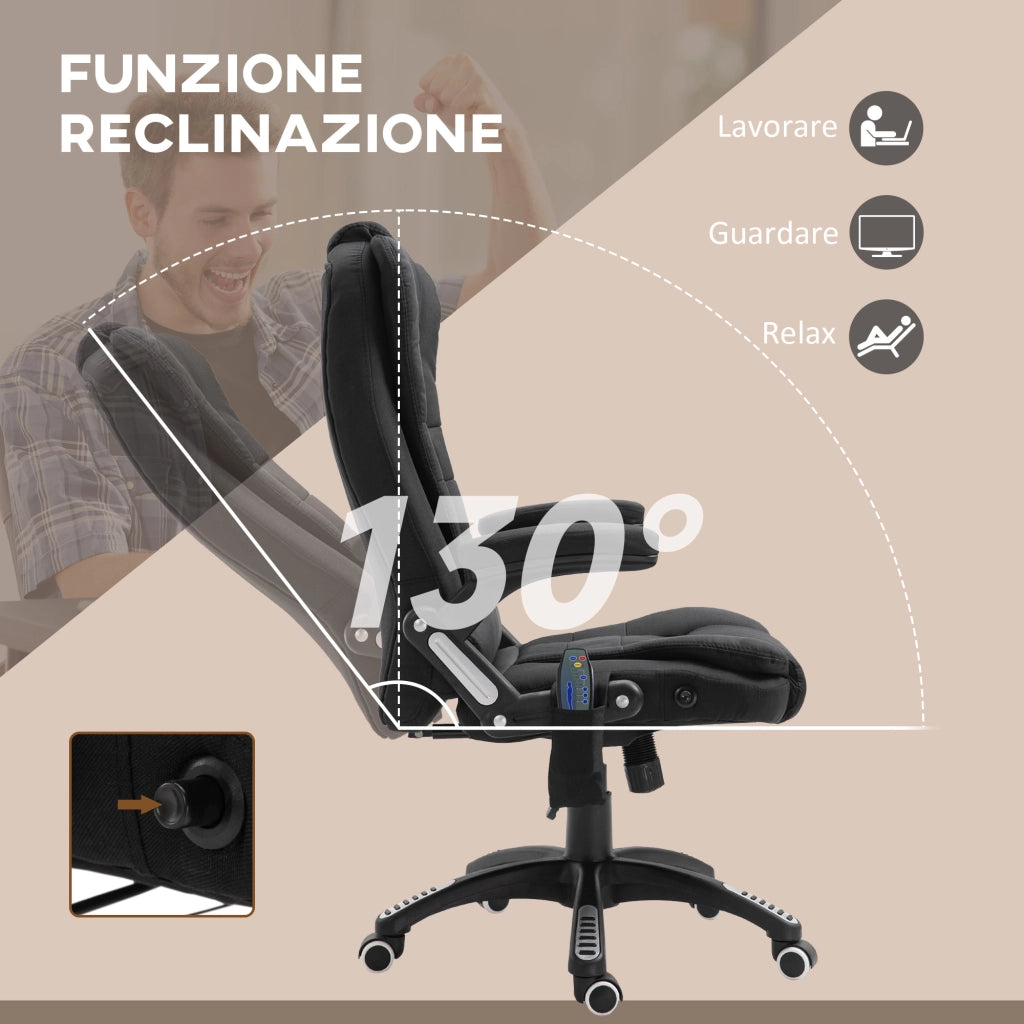 Sedia da Ufficio Massaggiante a 6 Punti e Riscaldata, Altezza Regolabile e Funzione Dondolo, Nero
