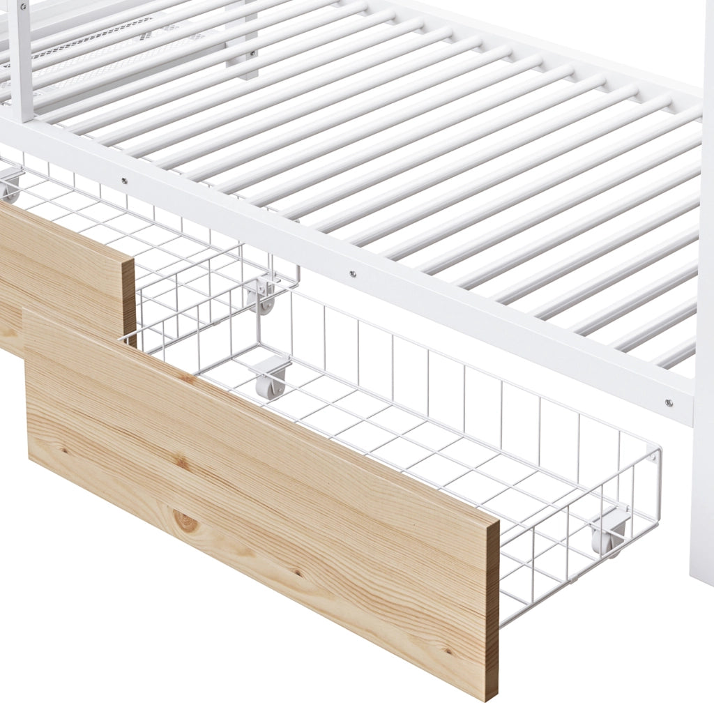 OKWISH Letto a Castello 90×200 cm, Letto Singolo con 2 Cassetti, Mensole e LED Regolabile, senza Materasso, in Metallo, Bianco