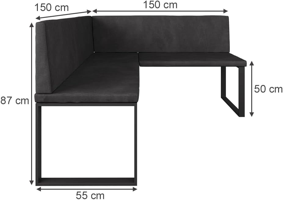 panca ad angolo Ravon, Antracite, 150 x 150 cm, adatta come panca da pranzo per cucine e zone pranzo