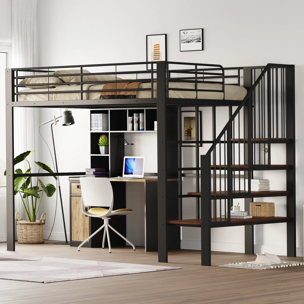 Letto a castello nero in metallo e legno con funzione contenitore 140x200 cm
