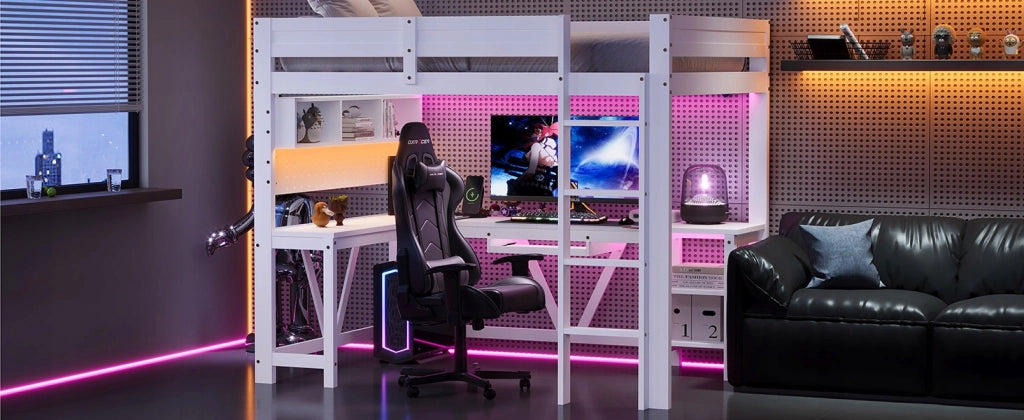 Letto gaming con scrivania - Xylo - 90x200 - Bianco - LED, ricarica, scaffali