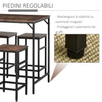 Set Tavolo Alto con 4 Sgabelli Stile Industriale in Metallo e Legno, Arredamento Moderno Soggiorno e Cucina, Marrone Rustico
