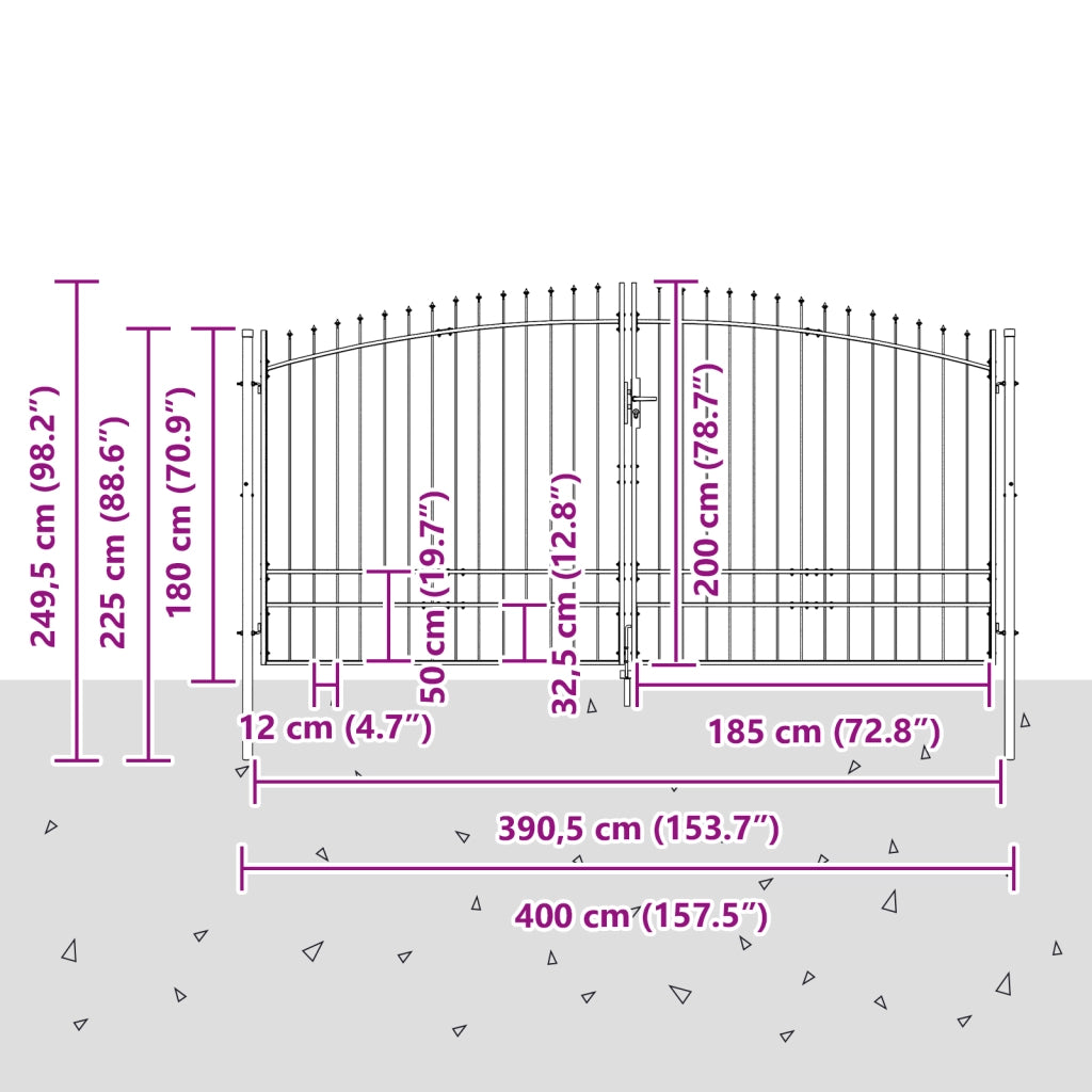 porta da giardino con punta a lancia a doppio swing grigio 200x400 cm in acciaio
