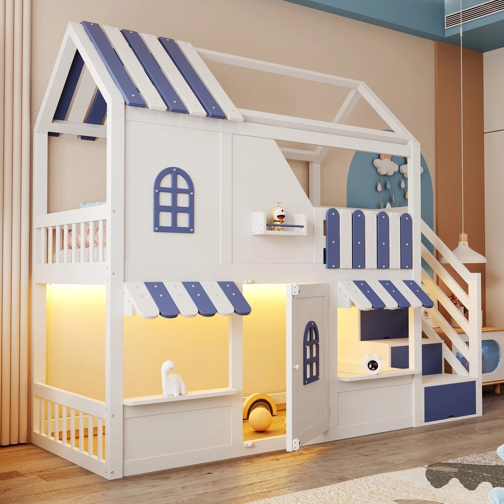 Letto a Castello Bambini Casetta con LED e Scaffale ¨C Xylo ¨C Bianco e Blu 90x200