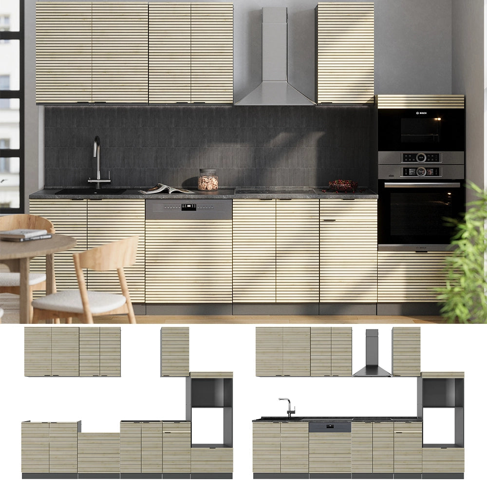 Cucina componibile Fame-Line Pannello in quercia/Antracite 300 cm con armadio alto, PL Marmo Vicco