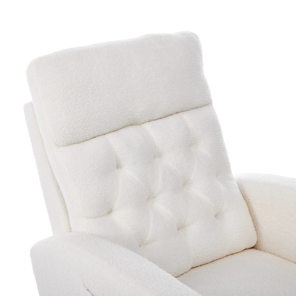 Sedia a dondolo in bouclé con poggiapiedi estraibile e tasche laterali in legno bianco 65,6 × 123 × 102 cm