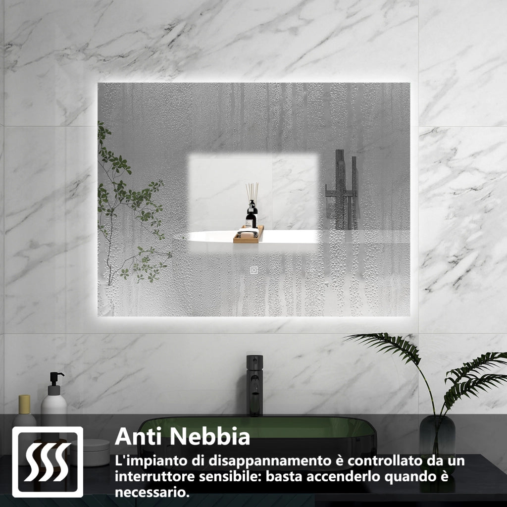 AICA Specchio 80x60cm,Memoria, Antifog,Regorabile,Retroilluminato,doppio interruttore
