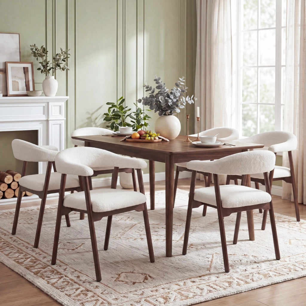 Set di 2 sedie da pranzo - con schienale ergonomico - in legno massello e bouclé - noce
