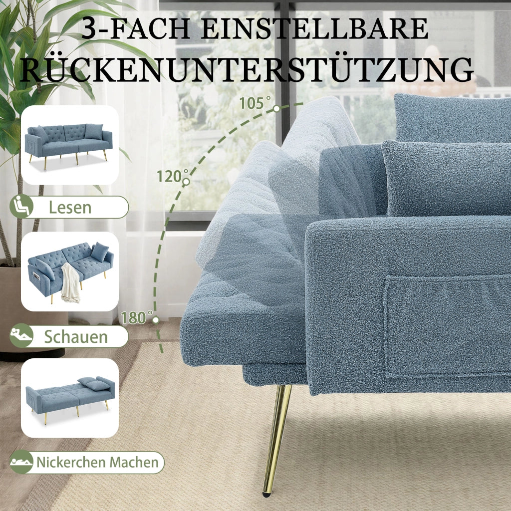Divano a 2 posti con schienale reclinabile a 3 livelli e 2 cuscini, gambe in metallo dorato, teddy fleece blu