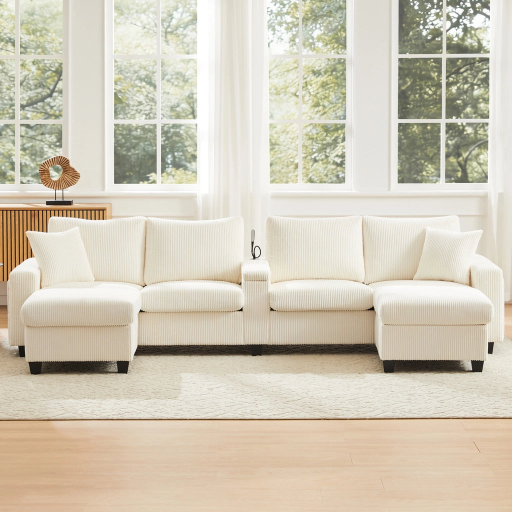 Divano ad U in Velluto a Coste con Poggiapiedi, Luce LED e USB ¨C MINIMAL ¨C Beige, 334x128.5x81 cm