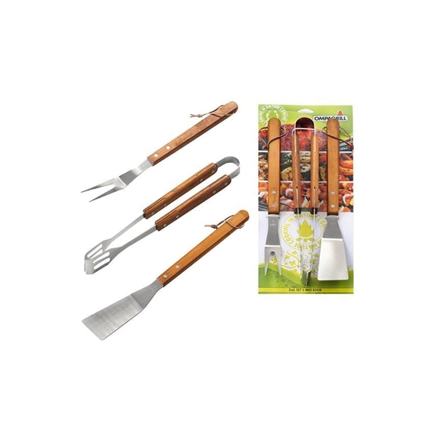 Ompagrill 03430 Set 3 Utensili Barbecue Acciaio Inox Manico Legno Massello 40 cm