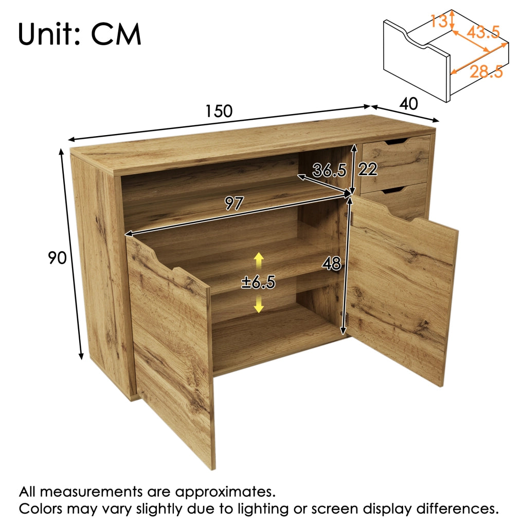 Credenza in MDF effetto rovere con 4 cassetti e 2 ante