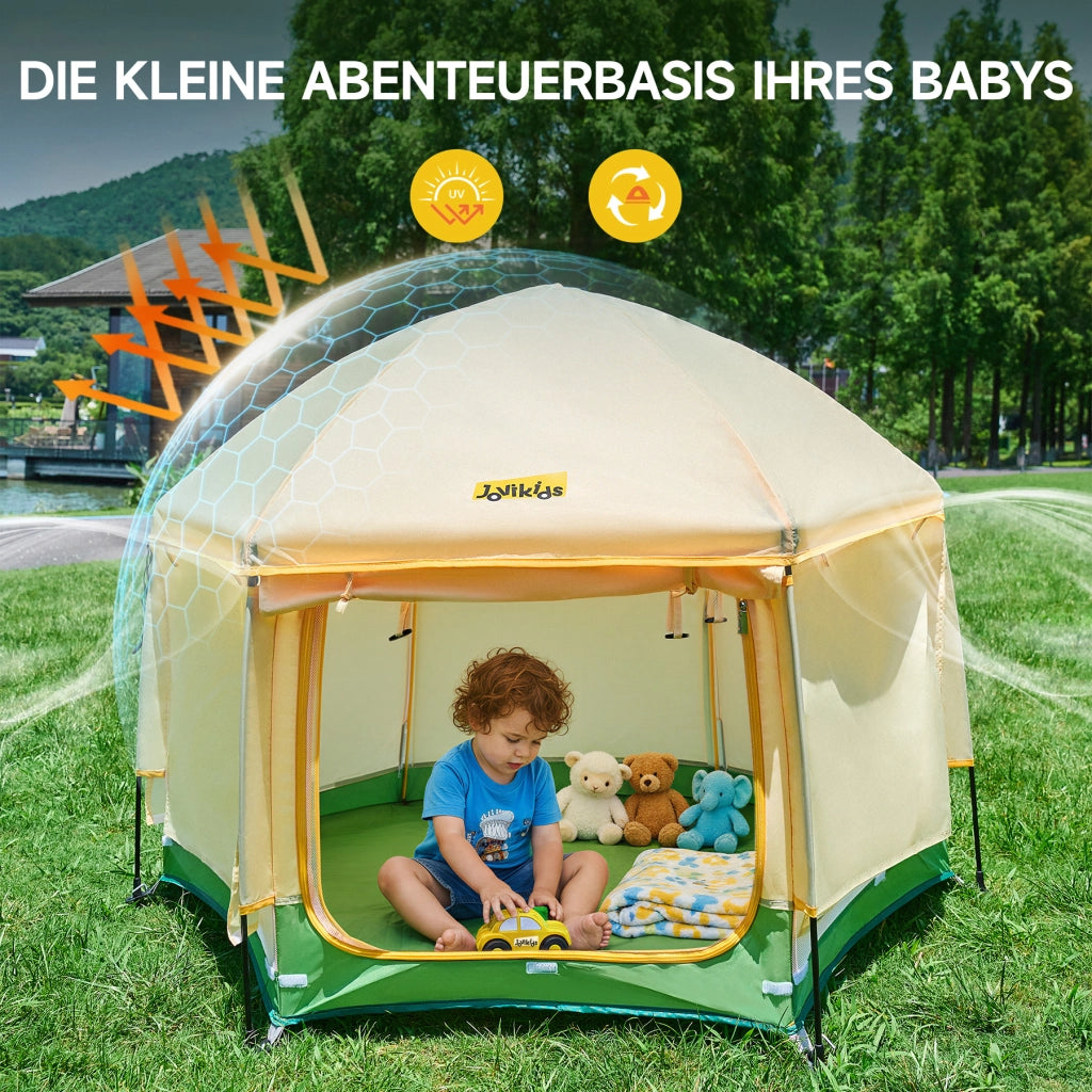 Lettino da gioco pop-up per bambini 150x150x105 cm; con tettuccio; verde e giallo