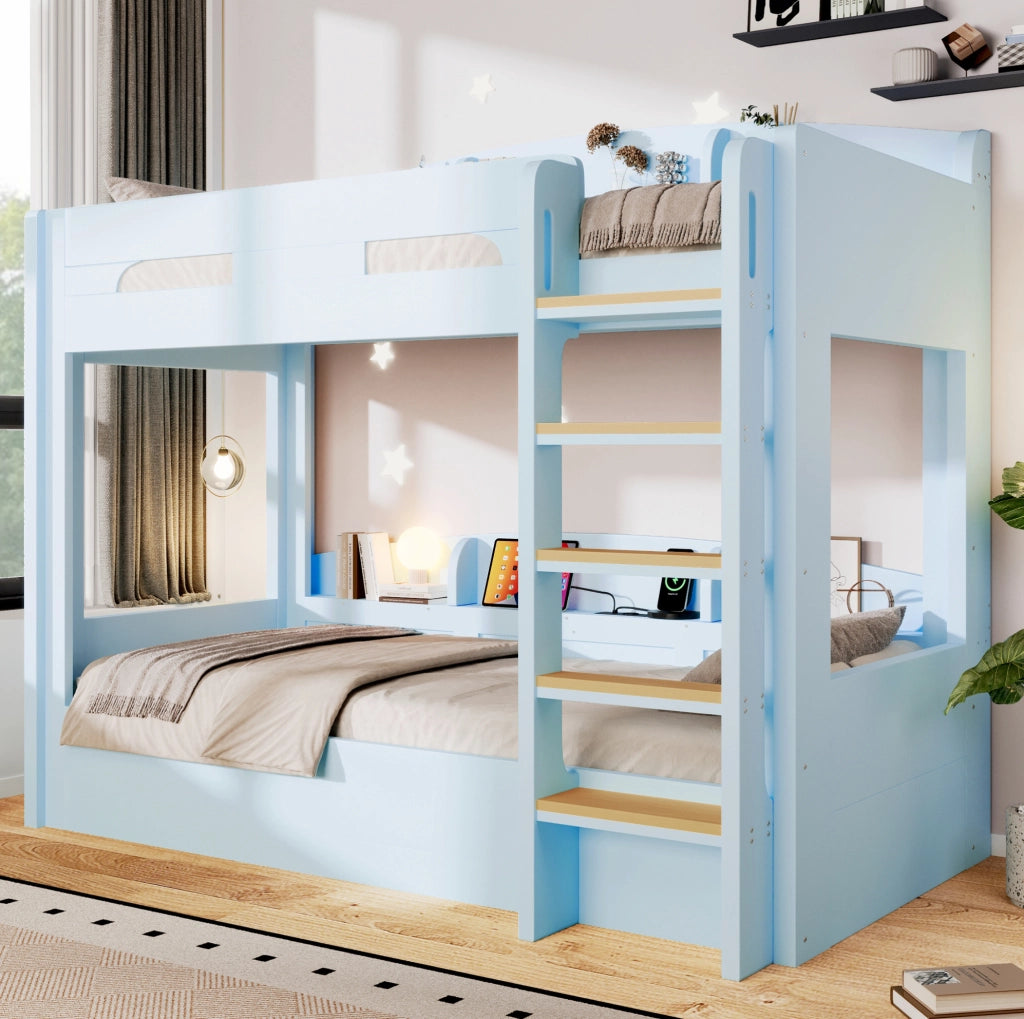 Letto a castello 90x200 cm blu con USB e ripiani